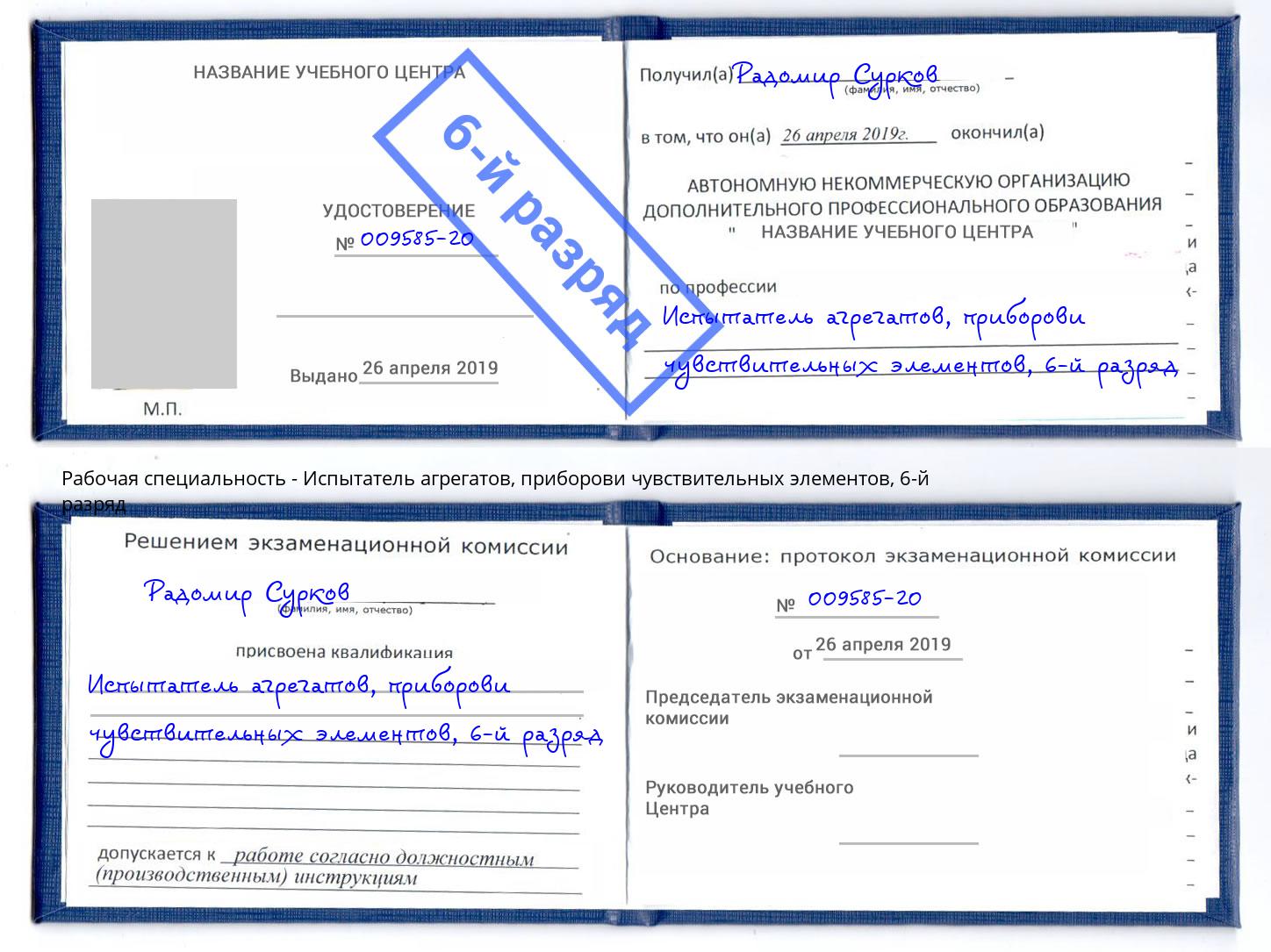 корочка 6-й разряд Испытатель агрегатов, приборови чувствительных элементов Выборг