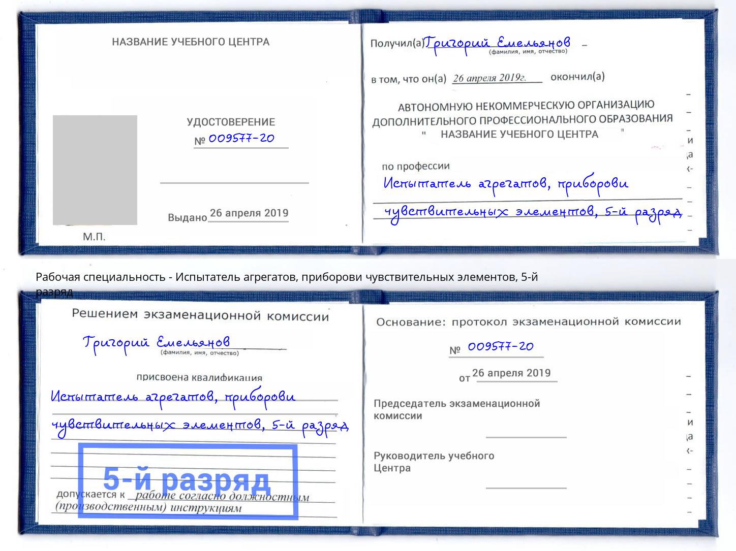 корочка 5-й разряд Испытатель агрегатов, приборови чувствительных элементов Выборг