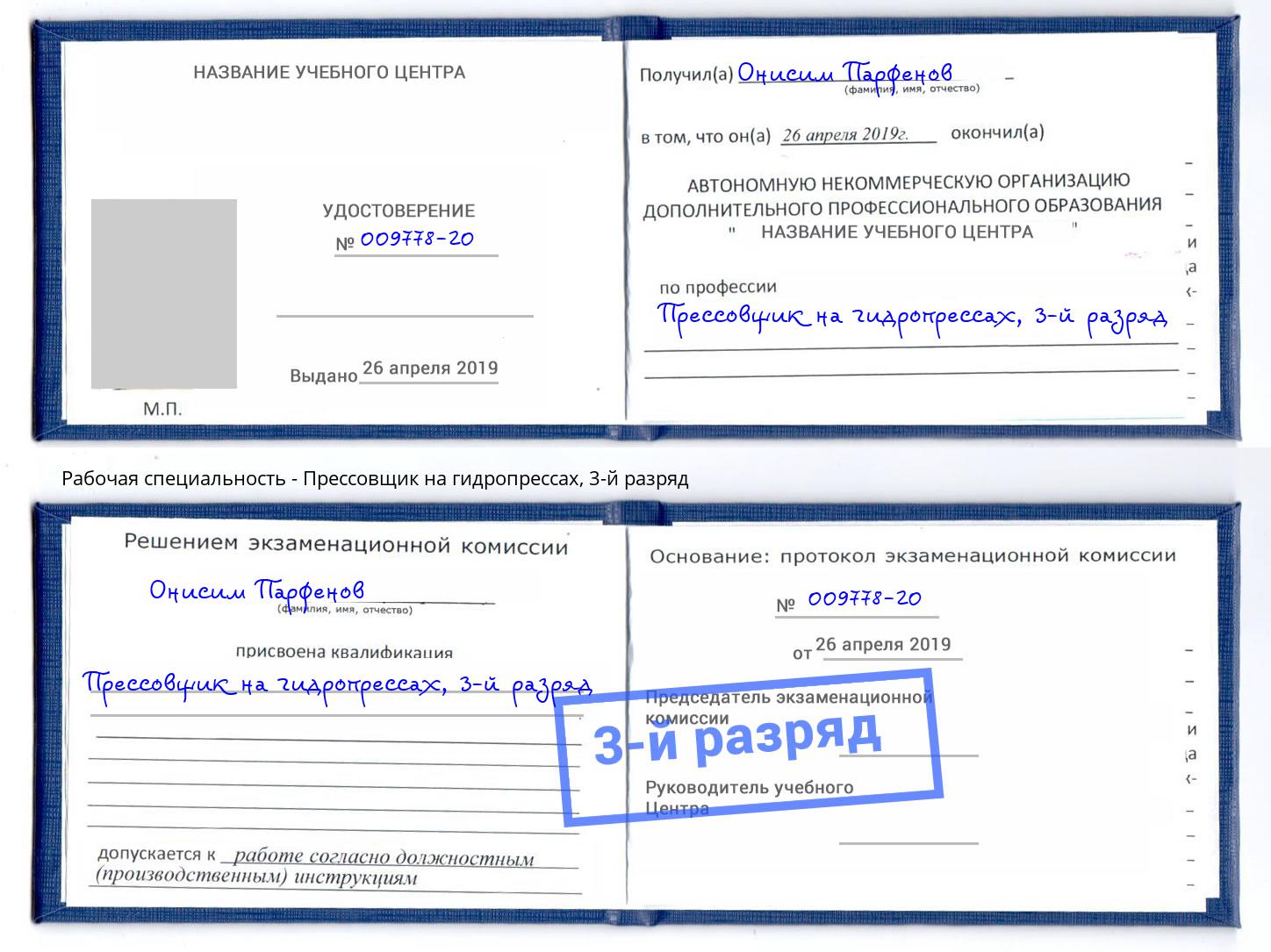 корочка 3-й разряд Прессовщик на гидропрессах Выборг
