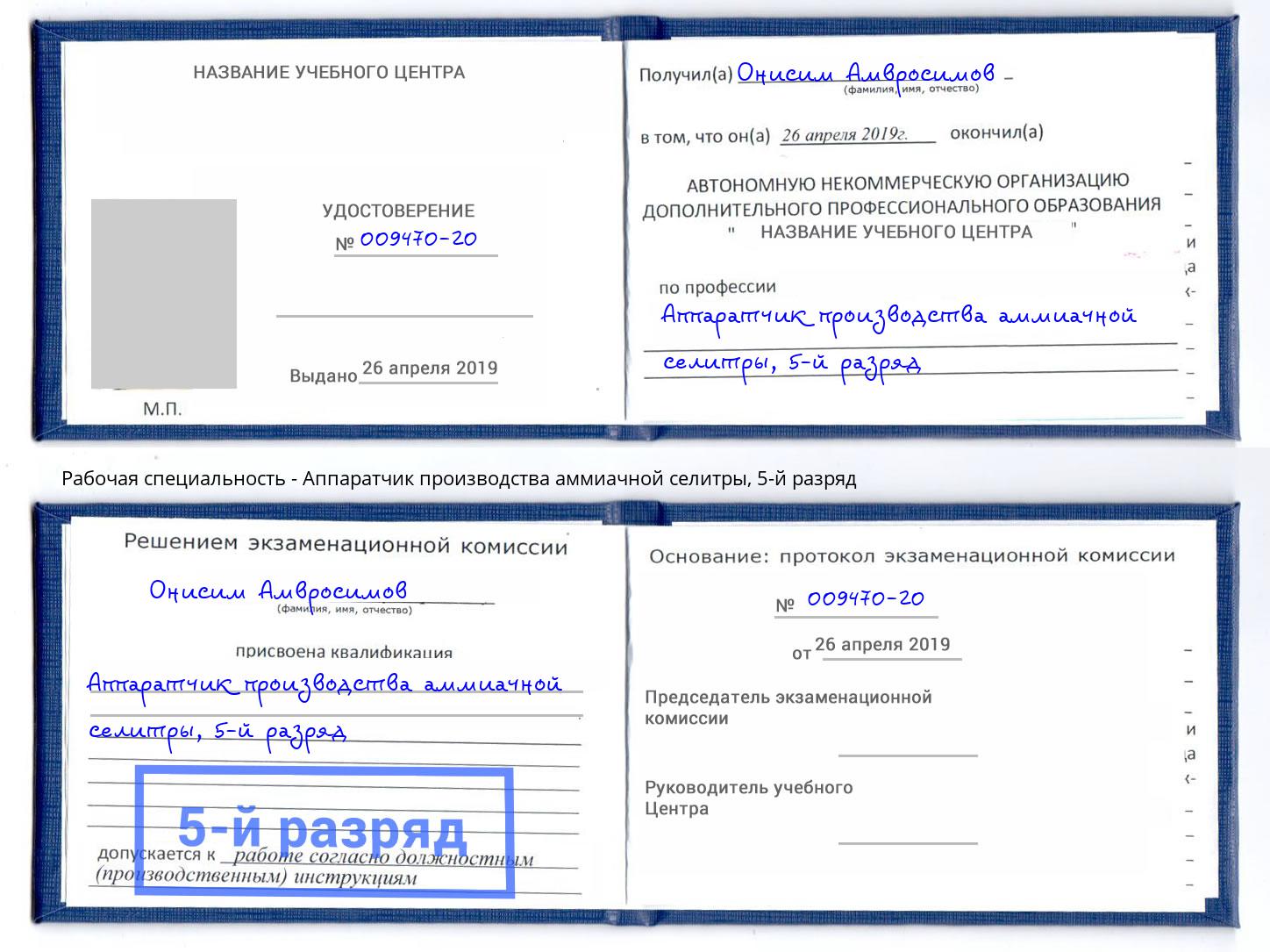 корочка 5-й разряд Аппаратчик производства аммиачной селитры Выборг