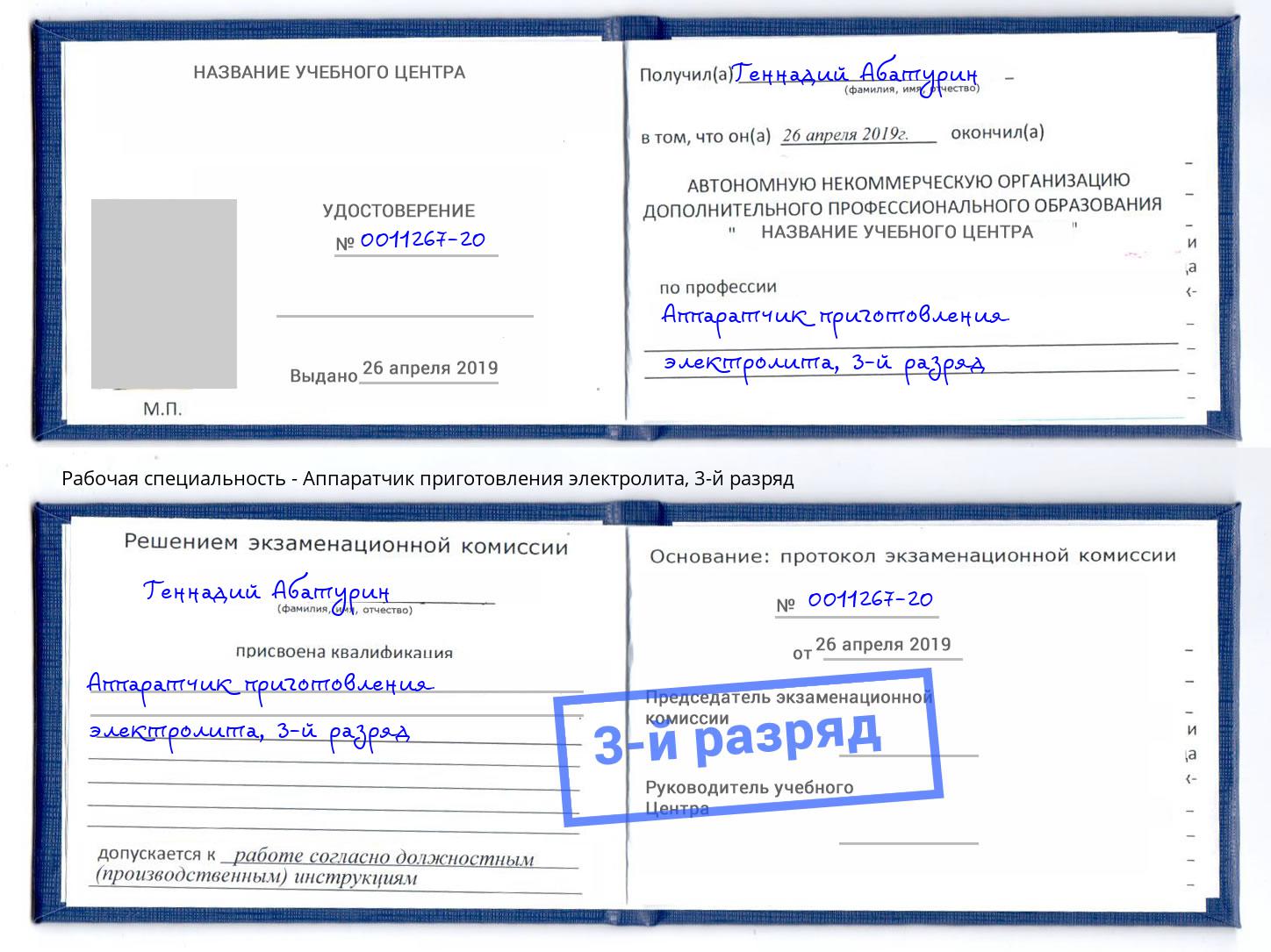 корочка 3-й разряд Аппаратчик приготовления электролита Выборг
