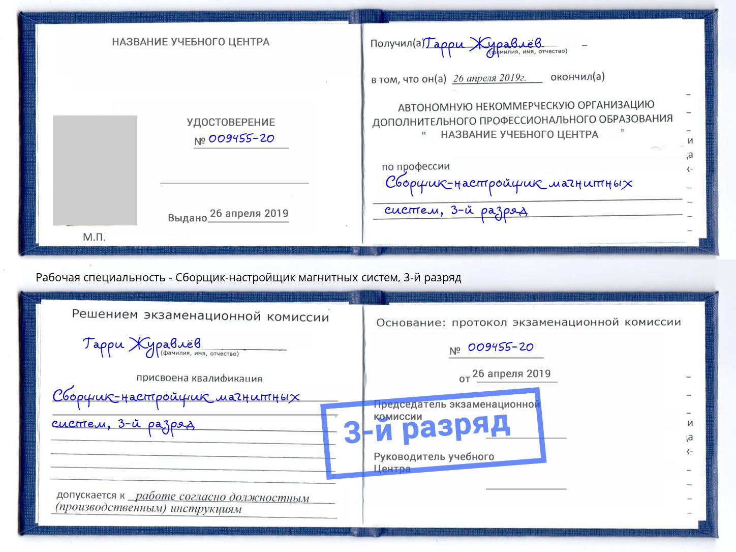 корочка 3-й разряд Сборщик-настройщик магнитных систем Выборг