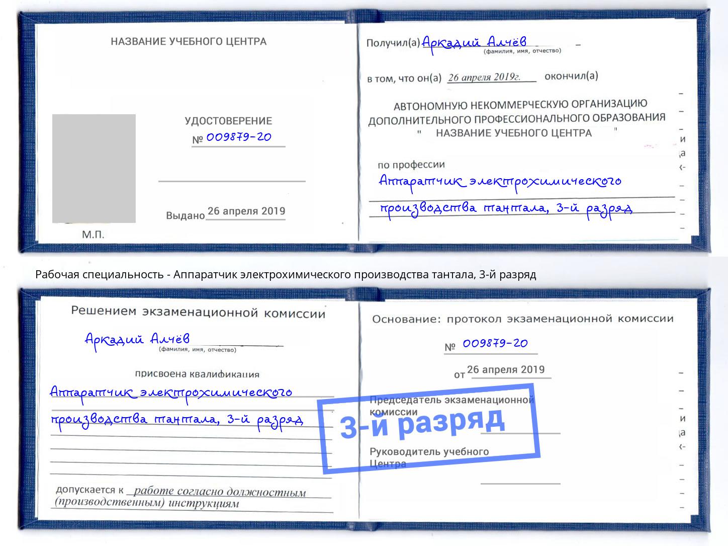 корочка 3-й разряд Аппаратчик электрохимического производства тантала Выборг