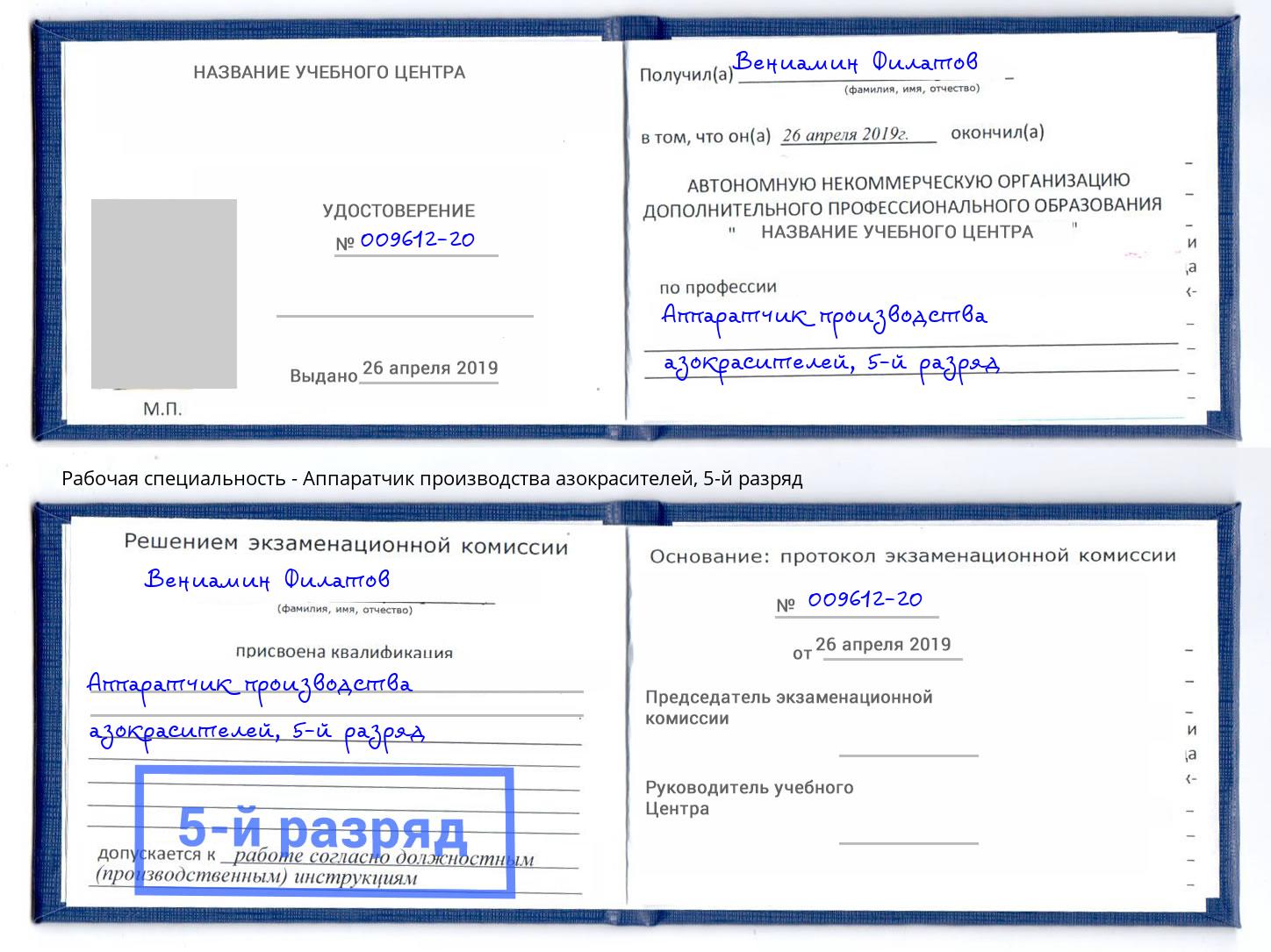корочка 5-й разряд Аппаратчик производства азокрасителей Выборг