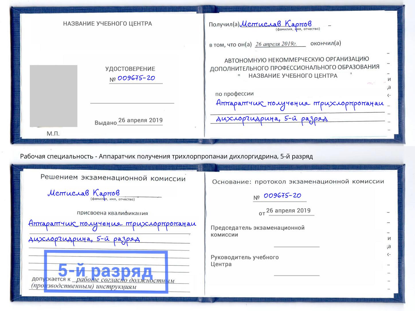 корочка 5-й разряд Аппаратчик получения трихлорпропанаи дихлоргидрина Выборг